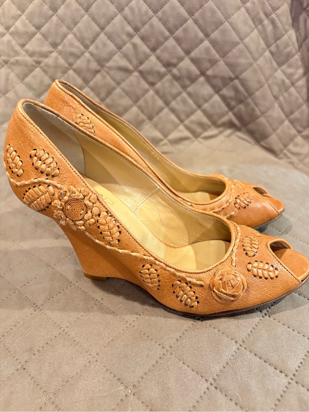 Valentino Garavani Tan Embroidered Peep-Toe Wedges